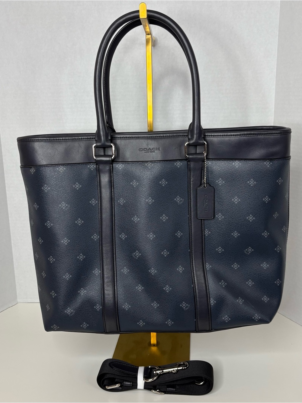 Coach Perry Business Tote Bag Navy Diamond Print Coated Canvas&Leather w/ Strap
